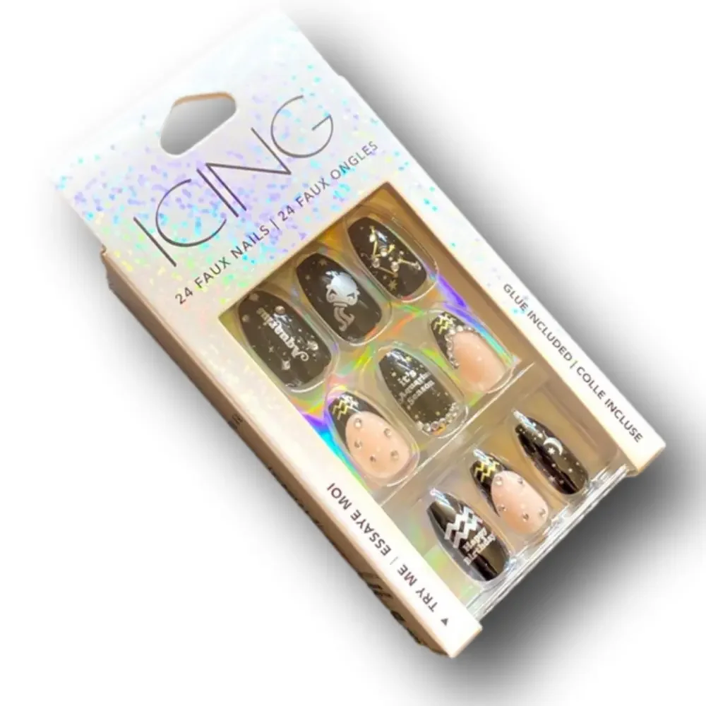 Zodiac Aquarius Birthday Squareletto Faux Nail Set - 24 Pack - NWT